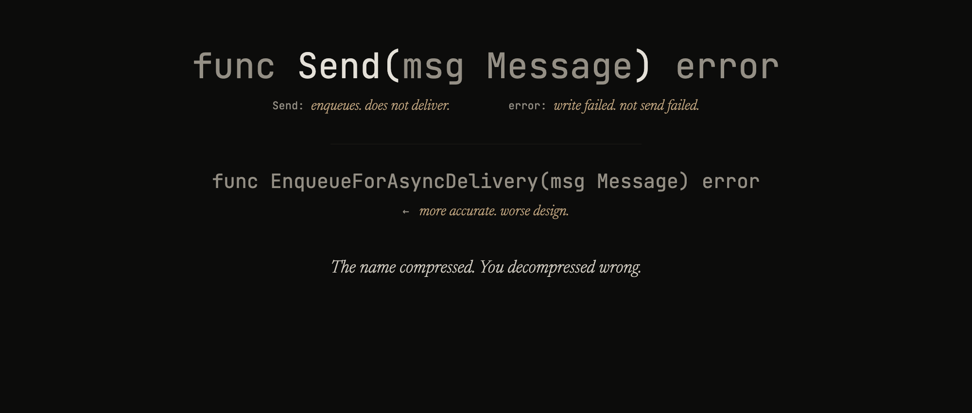 The method name says Send. The annotation says enqueues, does not deliver. The accurate alternative is three words long and worse design. The name compressed. You decompressed wrong.
